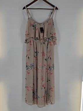 NWT Torrid SIZE 1 (14/16) Floral Cold Shoulder Midi Dress Ruffle Beige Pink Boho